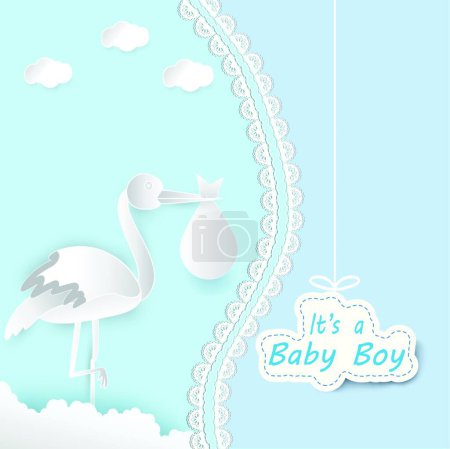 Illustration for Paper art of stork with baby and cloud baby boy shower card - Royalty Free Image