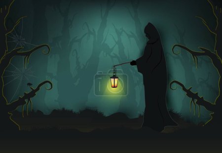 Ilustración de Segador sombrío en bosque oscuro, fondo de arte de papel de Halloween - Imagen libre de derechos