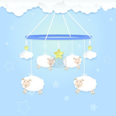 Téléchargez les illustrations : Pendaison mobile de bébé avec jouet mouton et nuage sur bleu. - en licence libre de droit