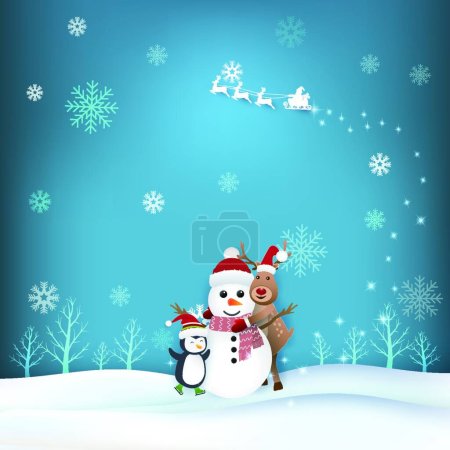 Téléchargez les illustrations : Bonhomme de neige, cerf et pingouin en hiver illustration d'art papier - en licence libre de droit