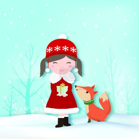 Illustration for Paper art of Girl and Fox with snow illustration, Christmas seas - Royalty Free Image