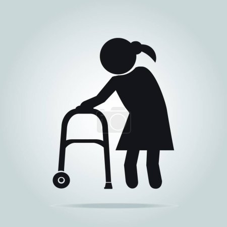 Ilustración de "Mujer anciana y símbolo de caminante, ilustración de icono
" - Imagen libre de derechos