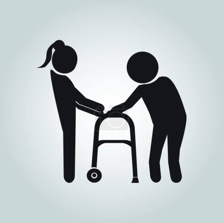 Téléchargez les illustrations : Femme aide patient âgé avec une marchette, illustration vectorielle conception simple - en licence libre de droit