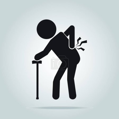 Téléchargez les illustrations : Homme âgé avec bâton et blessure de l'icône du mal de dos, illustration vectorielle design simple - en licence libre de droit