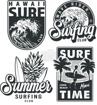 Illustration for Vintage monochrome surfing prints set, vector illustration simple design - Royalty Free Image