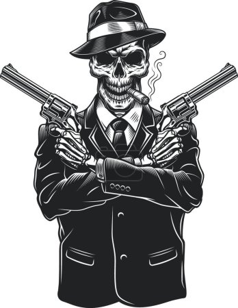 Téléchargez les illustrations : Gangster squelette avec revolvers, illustration vectorielle design simple - en licence libre de droit