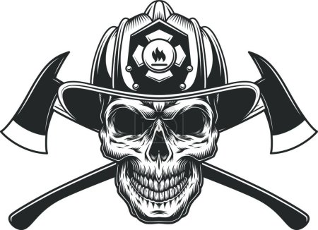 Téléchargez les illustrations : Crâne de pompier vintage en casque de pompier, illustration vectorielle design simple - en licence libre de droit