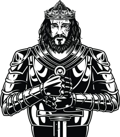 Ilustración de Vintage valiente guerrero rey barbudo, vector ilustración diseño simple - Imagen libre de derechos