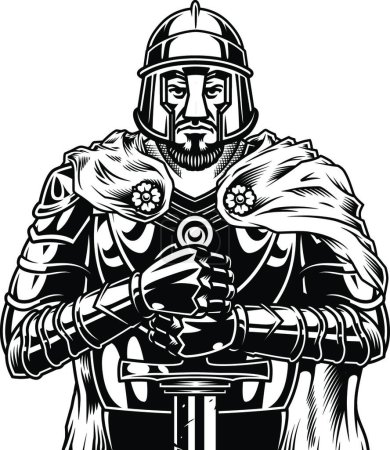 Ilustración de Vintage guerrero medieval monocromo, vector ilustración diseño simple - Imagen libre de derechos
