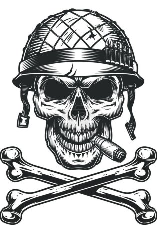 Ilustración de Cráneo de soldado monocromo vintage en casco, ilustración vectorial diseño simple - Imagen libre de derechos