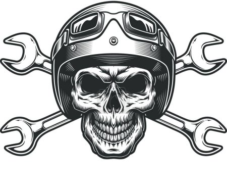 Illustration for Vintage motorcyclist skull in moto helmet, vector illustration simple design - Royalty Free Image