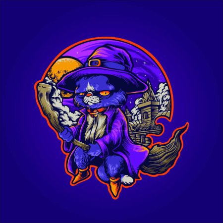 Illustration for Hogwarts Cat Witchcraft shaman Illustrations for merchandise and clothing line stickers - Royalty Free Image