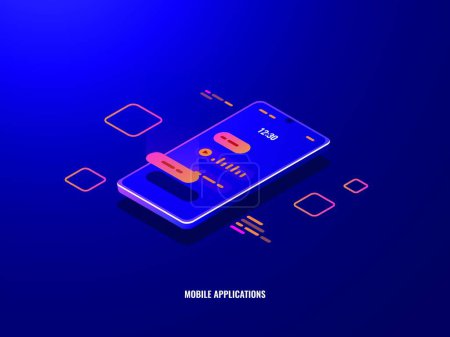 Illustration for Incoming message isometric icon, mobile phone with chat dialog on screen, voice message send dark neon - Royalty Free Image