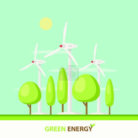 Téléchargez les illustrations : Centrale éolienne avec arbres verts, soleil, nuages, ciel bleu. 3d Illustration plate - en licence libre de droit