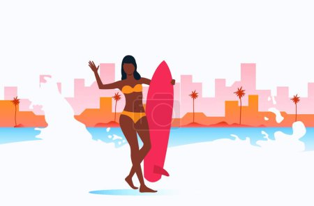 Téléchargez les illustrations : Fille à la peau foncée tenant la planche de surf, illustration vectorielle conception simple - en licence libre de droit