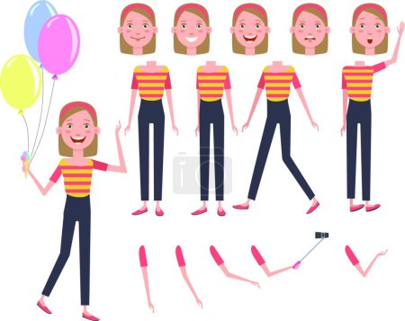 Illustration for Excited pretty girl with heap of colorful balloons character set, vector illustration simple design - Royalty Free Image