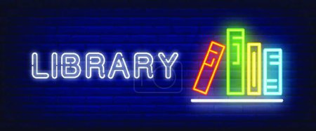 Ilustración de Library neon text and books on shelf - Imagen libre de derechos