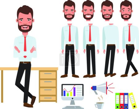 Illustration for Male office manager at desk character set with different poses, vector illustration simple design - Royalty Free Image