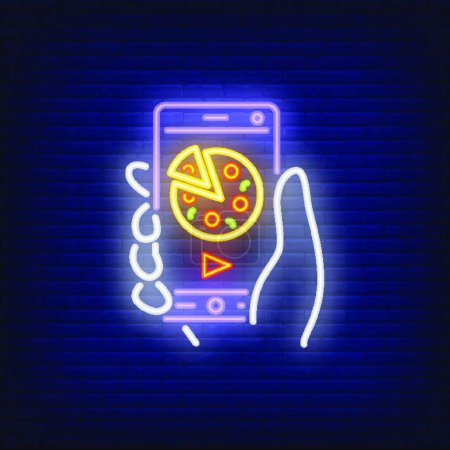 Téléchargez les illustrations : Icône néon de commande de pizza en ligne, illustration vectorielle design simple - en licence libre de droit