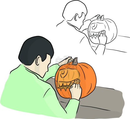 Ilustración de Media longitud vista trasera de hombre tallado calabaza para Halloween, vector ilustración diseño simple - Imagen libre de derechos