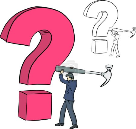 Ilustración de Empresario sosteniendo un martillo grande para estrellarse vector signo de interrogación rojo - Imagen libre de derechos