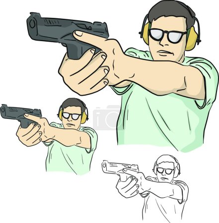 Ilustración de Media longitud del tirador masculino que sostiene la pistola y los brotes tácticos de entrenamiento, vector ilustración diseño simple - Imagen libre de derechos