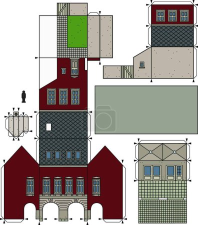 Ilustración de El modelo de papel una antigua casa de pueblo rojo, ilustración vectorial diseño simple - Imagen libre de derechos