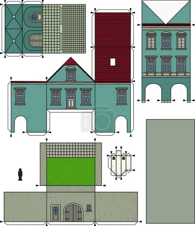 Téléchargez les illustrations : Le modèle en papier une vieille maison de ville bleue, illustration vectorielle conception simple - en licence libre de droit