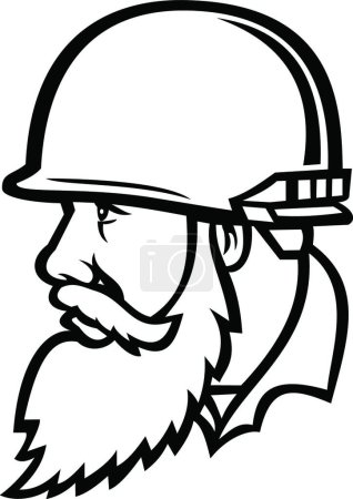 Téléchargez les illustrations : Soldat américain de la guerre du Vietnam portant un casque de combat avec mascotte barbe pleine noir et blanc - en licence libre de droit