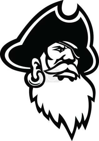Illustration for Head of a Buccaneer Swashbuckler Pirate Privateer or Corsair Mascot Black and White - Royalty Free Image