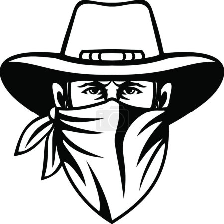 Illustration for Cowboy Bandit Outlaw Highwayman or Bank Robber Wearing Face Mask Front View Mascot Black and White - Royalty Free Image
