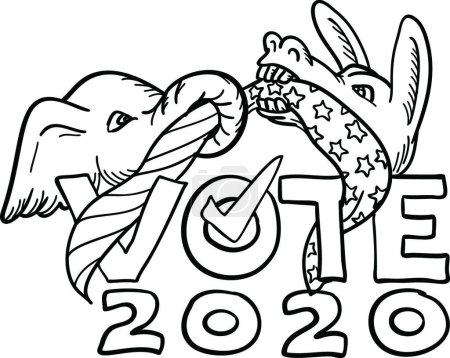 Téléchargez les illustrations : Éléphant républicain et âne démocratique dans le drapeau des États-Unis Tug-O-War Vote 2020 Caricature Noir et blanc - en licence libre de droit