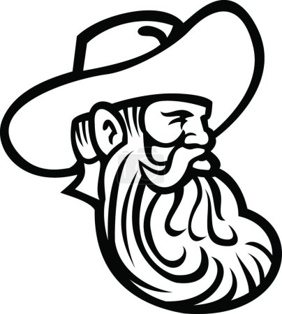 Illustration for Head of Cowboy or Organic Grain Farmer with Full Beard Looking to Side Retro Mascot Black and White - Royalty Free Image