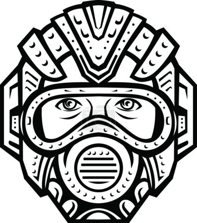 Illustration for Futuristic Face Mask Face Covering or Space Helmet Protection from Pandemic Infection Front View Retro Black and White - Royalty Free Image