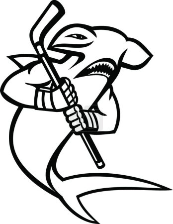 Illustration for Hammerhead Shark With Ice Hockey Stick Mascot Black and White - Royalty Free Image