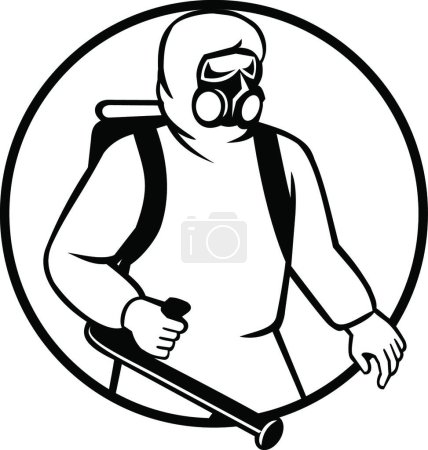 Illustration for Industrial Worker Essential Worker or Pest Exterminator Wearing Respiratory Protective Equipment Spraying Disinfectant Black and White - Royalty Free Image