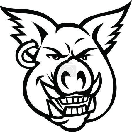 Illustration for Head of Pink Pig Wearing Earring Smiling Front View Mascot Retro Black and White - Royalty Free Image