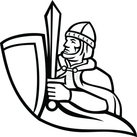 Ilustración de Busto del Rey Medieval Regente blandiendo una Espada y Escudo Mascota Blanca y Negra - Imagen libre de derechos