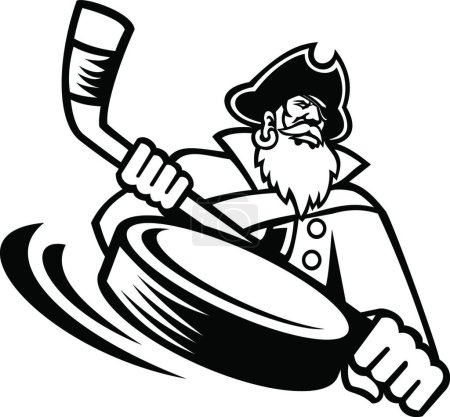 Illustration for Swashbuckler or Pirate With Ice Hockey Stick and Puck Sports Mascot Black and White - Royalty Free Image