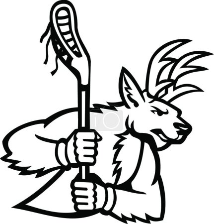 Illustration for Red Deer Stag or Buck Wielding a Lacrosse Stick Side View Mascot Black and White - Royalty Free Image