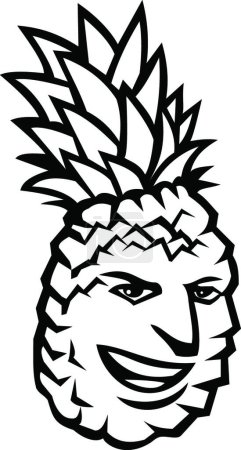 Illustration for Pineapple Fruit or Ananas Comosus Happy Smiling Grinning Mascot Black and White" - Royalty Free Image