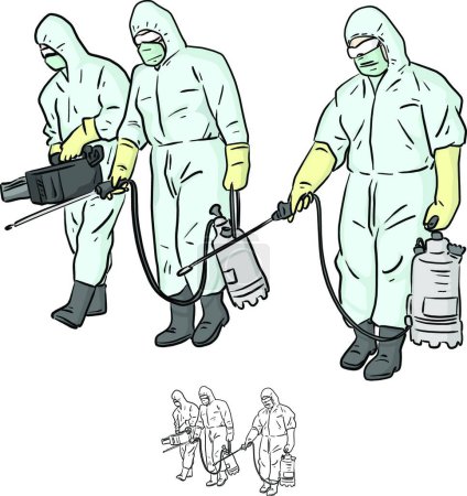 Ilustración de "tres especialistas en traje protector pulverización desinfectante a cl" - Imagen libre de derechos