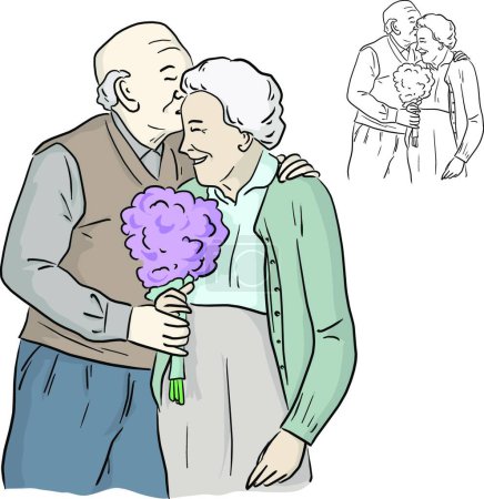 Téléchargez les illustrations : Heureux vieux couple avec des fleurs. illustration vectorielle dans le style croquis. - en licence libre de droit