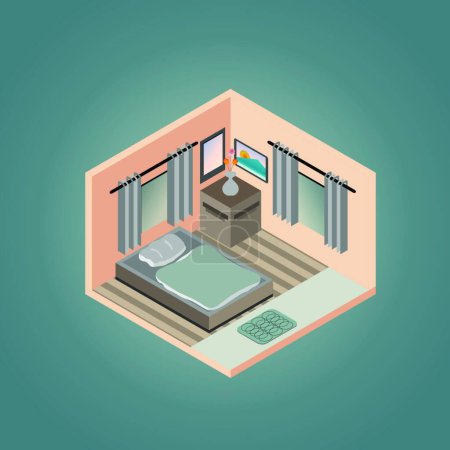 Ilustración de "dormitorio isométrico sobre fondo de color verde con equipo completo" - Imagen libre de derechos