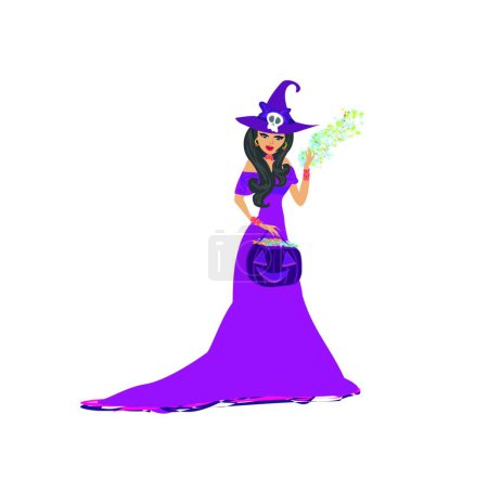Téléchargez les illustrations : "belle sorcière debout avec citrouille pleine de bonbons" - en licence libre de droit