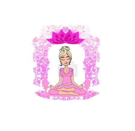 Téléchargez les illustrations : "Yoga girl en position lotus - carte décorative" - en licence libre de droit