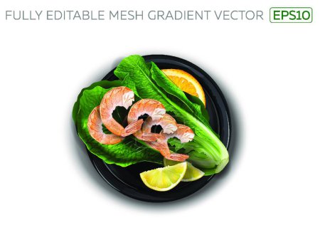 Illustration for "Shrimp with citrus on a black plate." - Royalty Free Image