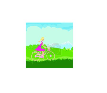 Illustration for Girl is riding bike on spring field - Royalty Free Image
