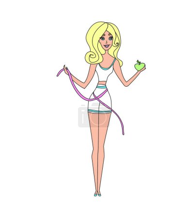 Téléchargez les illustrations : Femme mince avec pomme, illustration vectorielle simple - en licence libre de droit