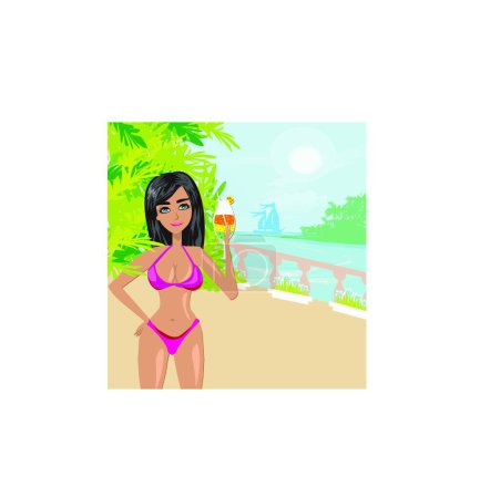 Illustration for Sexy shapely tourist drinking a drink on the promenade - Royalty Free Image